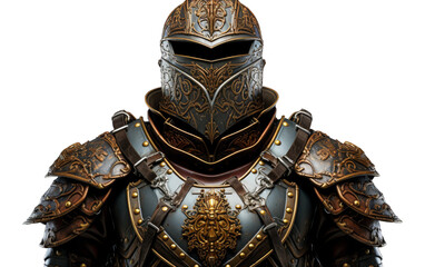 A person armored in steel stands resilient, adorned in a suit of armor, embodying strength and protection