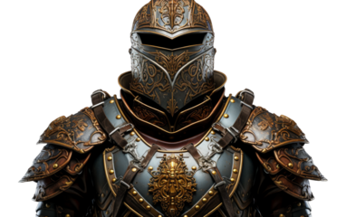A person armored in steel stands resilient, adorned in a suit of armor, embodying strength and protection
