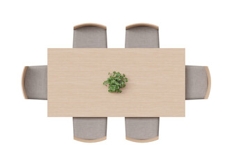 Overhead view of dining set with a wooden table, chairs and decorative plant. Rectangular table on transparent background, PNG. Cut out furniture. Top view. Flat lay, floor plan elements. 3D rendering
