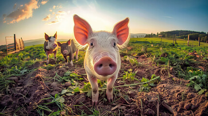 Several pigs are standing on a dry grass field, looking around - obrazy, fototapety, plakaty