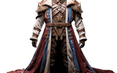 A man in a mysterious costume wields a gleaming sword with intensity