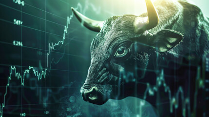 A bull standing in front of a dynamic stock chart, symbolizing the bullish market trend and trading activities on the stock exchange