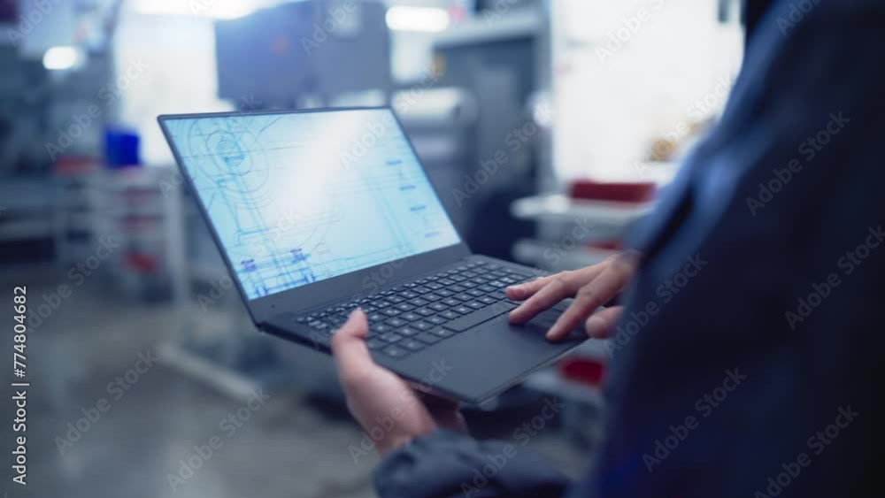 Poster Follow Footage with an Engineer Walking in a Factory and Using a Laptop Computer with Technical Drawing on Display. Specialist in Work Uniform Studying the Blueprint on Screen Before Manufacturing
