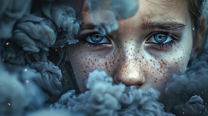 Woman With Blue Eyes Surrounded by Smoke