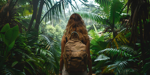 Young female traveler with backpack standing in lush tropical forest - obrazy, fototapety, plakaty