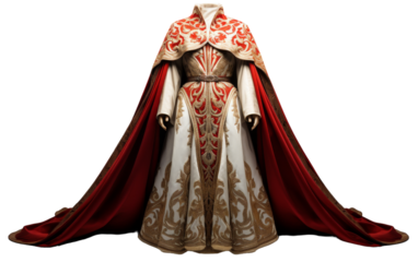 A woman in a vibrant red and gold costume stands confidently