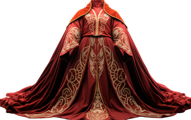 A woman adorned in a red and gold costume exudes regal elegance and poise