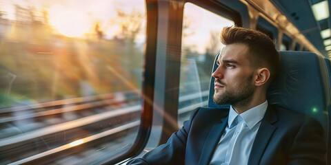 young business man goes to a business meeting while sitting in a high-speed train - obrazy, fototapety, plakaty
