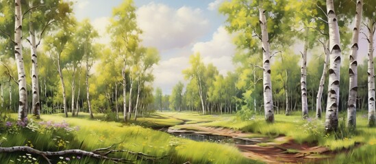Captivating artwork of a tranquil forest scene featuring a meandering stream surrounded by green trees and foliage