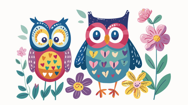 Cute Colorful Owl and flower flat vector isolated on white