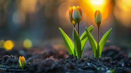 sprouting flowers emerging from the ground, ai generated - obrazy, fototapety, plakaty