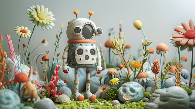 A whimsical robot exploring a vibrant, colorful garden full of oversized flowers, evoking a magical atmosphere.