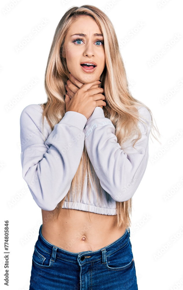 Sticker beautiful young blonde woman wearing casual white sweater shouting and suffocate because painful str