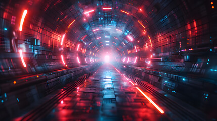 scifi digital spaceship data center tunnel in red abstract background