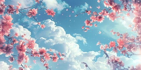Floral pattern inspired by vibrant gardens, featuring floating islands adorned with lush, sky-blue and pink blossoms contrasting against a backdrop of an idyllic created with Generative AI Technology - obrazy, fototapety, plakaty