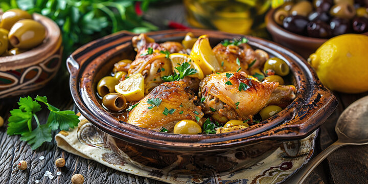 Traditional Moroccan chicken tagine with olives and salted lemons