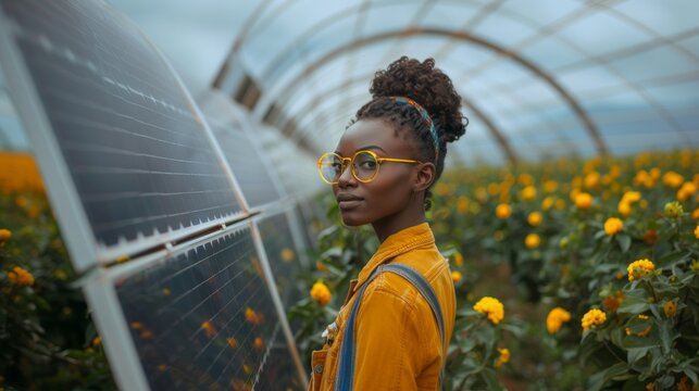 A skilled African American technician inspects solar panels amidst vibrant flowers at a modern solar farm.