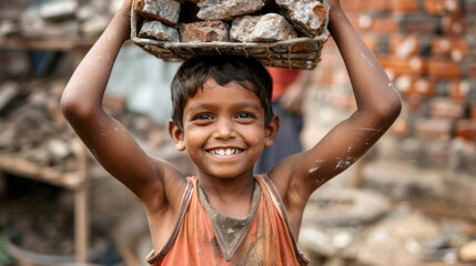 smiling indian boy holding a basket with stones above his head at a construction site, day against child labour, banner