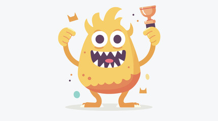 Cute yellow monster winning award and celebrating succ