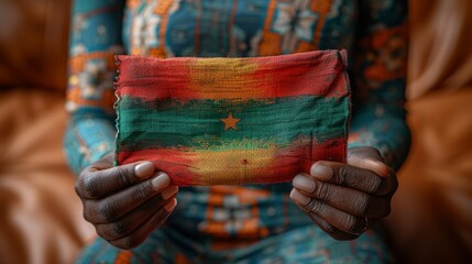 Patriotic African woman with traditional attire gently holding a small Ghana flag, symbolizing national pride and identity.