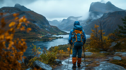 A person in hiking gear stands contemplating a serene mountain lake surrounded by mist and vibrant autumn foliage.
