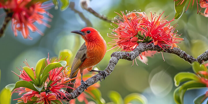 The I'iwi is an endemic bird of the Hawaiian Islands. This honeycreeper feeds on Mamane blossoms in Hosmer Grove at high elevation on Maui