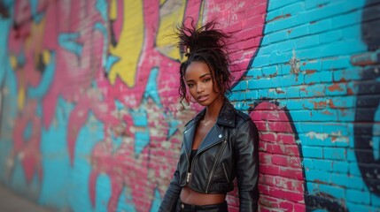 Trendy African American female in a leather jacket posing before a vibrant graffiti wall, embodying...