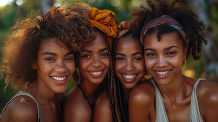 Outdoor portrait showcasing happiness, friendship, and beauty among four young African American...
