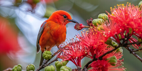 The I'iwi is an endemic bird of the Hawaiian Islands. This honeycreeper feeds on Mamane blossoms in Hosmer Grove at high elevation on Maui