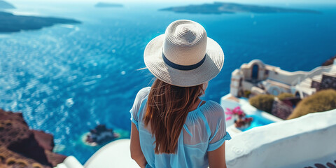 young woman wearing a hat leading a happy free lifestyle in the Aegean Sea in Santorini, Greece - obrazy, fototapety, plakaty