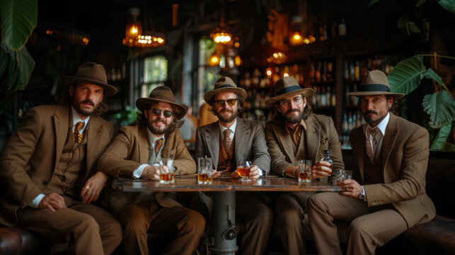 A group of dapper gentlemen in vintage suits enjoying whiskey in an ambient bar setup, exuding an air of retro sophistication and camaraderie.