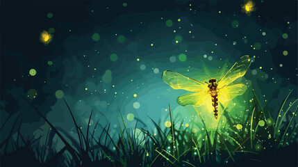 Fototapeta na wymiar Firefly with yellow light flying in forest grass. fla
