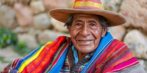 Smiling peruvian man in colorful clothes, sacred valley, cusco, peru