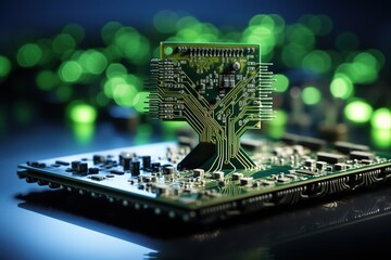 Tree growing on the converging point of computer chip on motherboard.