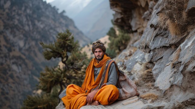A serene Pakistani Pathan man wearing vibrant traditional clothes rests against a rocky backdrop with lush greenery.
