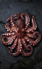 Obraz premium Top view of fresh octopus on a dark background, leaving space for text, this high resolution photographic stock photo is in the style of space for text