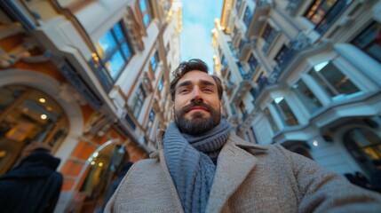 Portrait of a confident, fashionable bearded man wearing a gray turtleneck, exploring an urban environment with classic architecture.