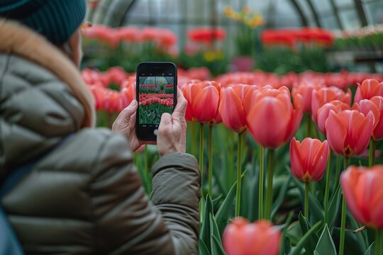 Businessman taking photos of tulip flower through smart phone in greenhouse, ai generated