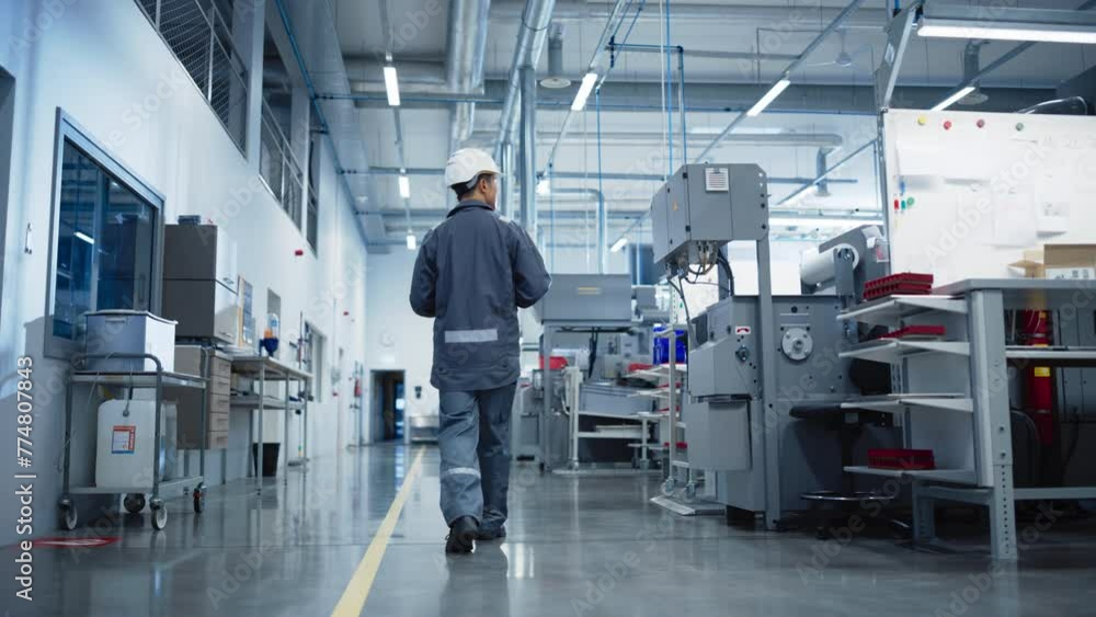Leinwandbilder cnc milling factory: confident asian male walking next to manufacturing machines and using laptop co