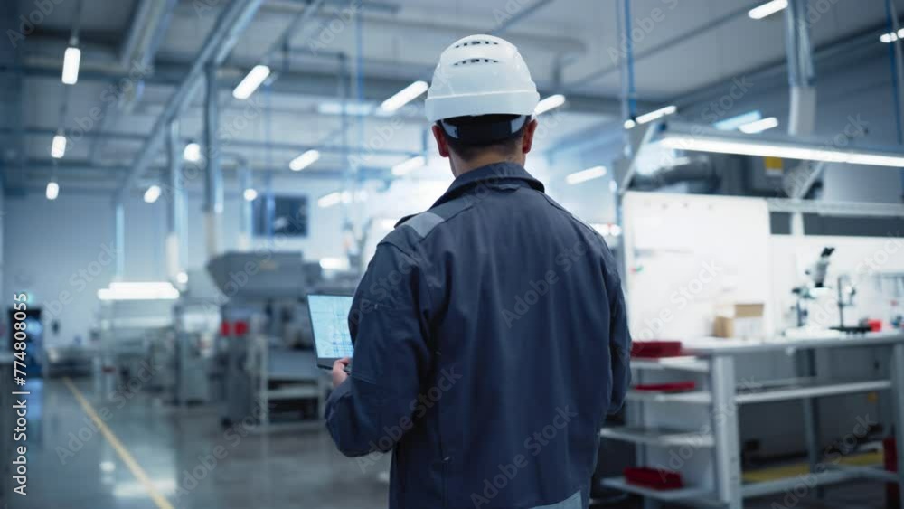 Poster Engineer in Hardhat Walking and Using a Laptop Computer at Electronics Manufacturing Factory. Adult Technician Analyzing Technical Blueprint, Working on Research and Development. Footage From the Back