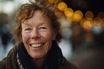 Portrait of happy senior woman in the city at Christmas time.