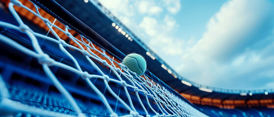 Close-up on tennis ball on tennis court, stadion, arena. Sport lifestyle background. Summer template or banner. The concept of professional game sports.Generative ai - obrazy, fototapety, plakaty
