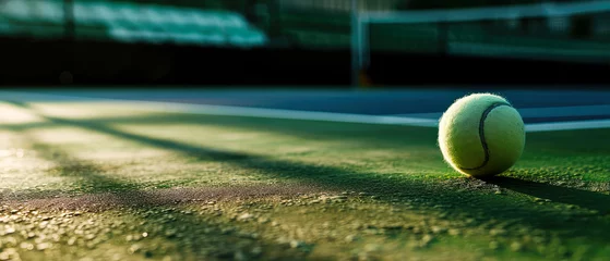 Fotobehang Close-up on tennis ball on tennis court, stadion, arena. Sport lifestyle background. Summer template or banner. The concept of professional game sports.Generative ai © Inai