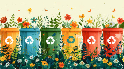 Drawn colored trash cans with flowers, flat design.