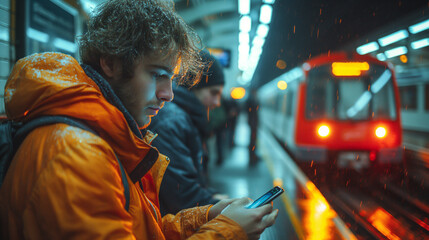 A passenger checks the train list on his phone while waiting on the station platform.