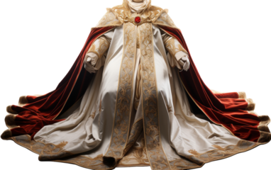 A regal man in robe and crown stands tall, exuding power and wisdom