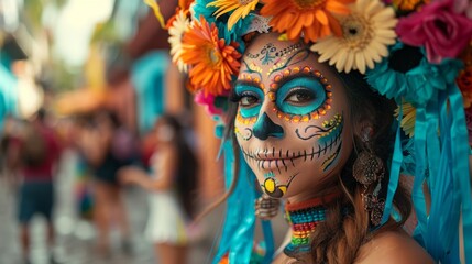Skull Makeup in Day of the Dead Festivities for Dia de los Muertos Parade Participant - obrazy, fototapety, plakaty