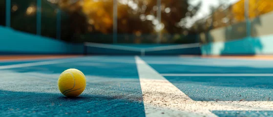 Fotobehang Close-up on tennis ball on tennis court, stadion, arena. Sport lifestyle background. Summer template or banner. The concept of professional game sports.Generative ai © Inai