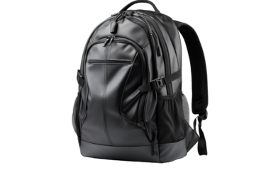 A sleek black backpack rests on a pristine white backdrop