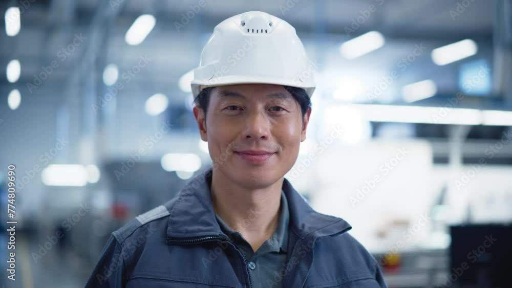 Poster technician in a hardhat working at an industrial factory with heavy machinery producing electronics 